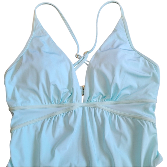 NWOT Bcbgmaxazria Plunging V-Neckline Shirr One Piece Swimsuit Aqua Blue Size 8 - Picture 9 of 17